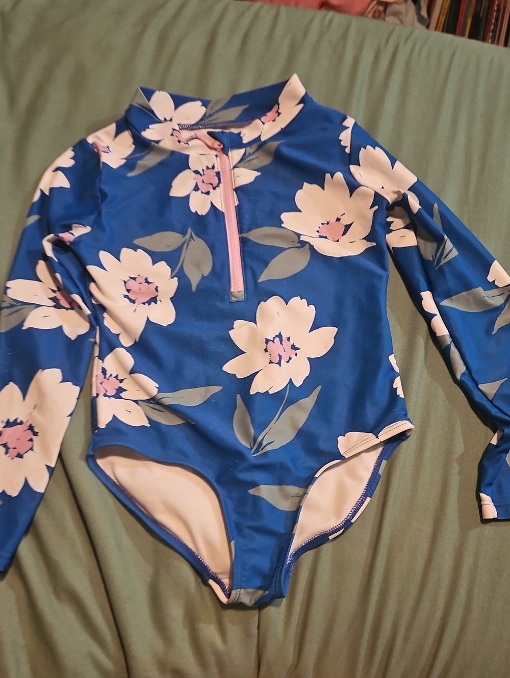 Carter's Blue Floral Long-Sleeve One-Piece Swim Suit with Pink Trim